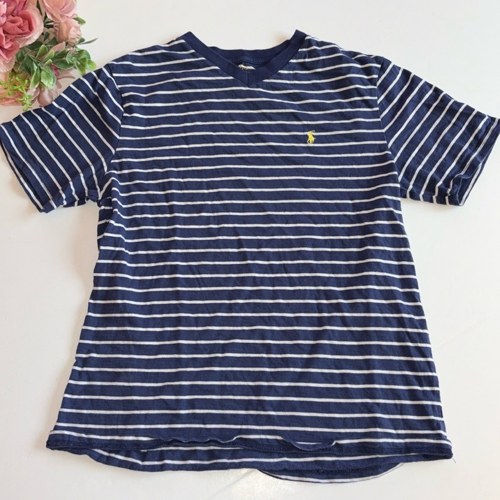 POLO BOYS BLUE AND WHITE STRIPES V NECK T SHIRT LARGE NAUTICAL POLO T SHirt